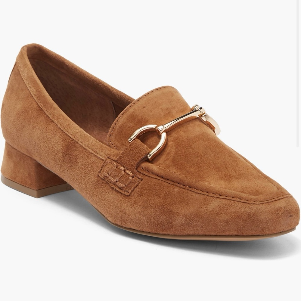 Steve Madden Hartlyn Block Heel Brown Suede Loafers with Gold Accent